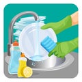 Human in rubber protective gloves dishwashing plate with a sponge Royalty Free Stock Photo