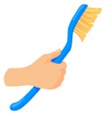 Dish washing brush in human hand. Cleaning cartoon icon