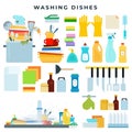 Dish washing equipment, dirty and clean dishes, kitchen utensils, detergents, dinnerware in sink. Set of flat style