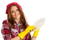 Dish washing - Woman was a plate isolated over white background Royalty Free Stock Photo