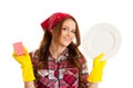 Dish washing - Woman was a plate isolated over white background Royalty Free Stock Photo