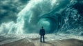 Threatened Businessman Standing On The Shore In The Midst of Turbulent Crashing Waves. Feeling of Overwhelming