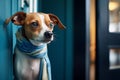 disheartened canine in a blue scarf by a halfopen office door