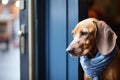 disheartened canine in a blue scarf by a halfopen office door