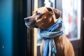 disheartened canine in a blue scarf by a halfopen office door