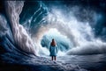 Endangered Woman Standing in the Midst of Turbulent Crashing Waves. Feeling of Overwhelming Demands - Generative AI Royalty Free Stock Photo