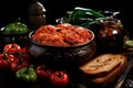 Dishes of Balkan cuisine Aivar, vegetable caviar from red baked bell pepper, on the table in a bowl