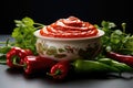 Dishes of Balkan cuisine Aivar, vegetable caviar from red baked bell pepper, on the table in a bowl