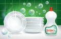 Dishes clean shining plates and dishwashing detergent in packaging, mockup advertisement, vector illustration.