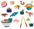 Dishes with fish and seafood. Trout, salmon, sushi, rice with shrimp, Chinese noodles. For menus of restaurants, shops and