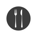 Dishes. Fork, knife and plate icon, menu logo, cutlery silhouette. Vector illustration Royalty Free Stock Photo