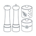 Dishes. Kitchen pepper, salt shaker and kitchen jars for spices. Line art