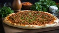 Dishes of local cuisine, a traditional dish of Turkish cuisine - lahmacun with minced lamb and beef on a thin dough with