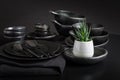 Dishes in minimalistic black design. Pure black