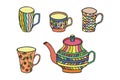 Dishes mugs kettle. eps10 vector illustration. hand drawing.