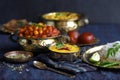 Dishes of national Indian cuisine on a dark blue background. traditional Indian home-cooked dinner. rice, dal, sabji, aloo