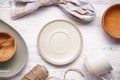 Dishes for serving and eating meals, top view. Modern ceramic and wooden crockery, trendy tableware Royalty Free Stock Photo