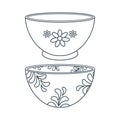 Dishes. A set of kitchen plates, bowls with a floral ornament. Line art