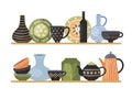 Dishes on shelves. Kitchen interior shelves with decorative plates forks spoons mug and vase recent vector cartoon