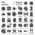 Dishes solid icon set, tableware symbols collection or sketches. Kitchen utensil glyph style signs for web and app Royalty Free Stock Photo