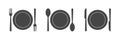 Dishes. Spoon, fork, knife and plates icons set, menu logo, cutlery silhouette. Vector illustration Royalty Free Stock Photo