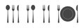 Dishes. Spoon, fork, knife and plates icons set, menu logo, cutlery silhouette. Vector illustration Royalty Free Stock Photo