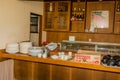 Dishes stacked neatly on serving counter