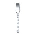 Dishes. Table fork with four prongs and a floral ornament on the handle. Line art