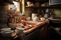 Dishes and utensils in an old rustic kitchen, Mess in kitchen. Kitchen interior with pile of dirty dishes after dinner, AI