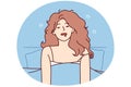 Disheveled woman in nightgown sits in bed after abrupt awakening or unpleasant dreams. Vector image