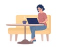 Disheveled woman typing on laptop from cafe seating semi flat color vector character