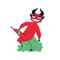 Dishonest earnings flat vector illustration. Devil with money. Criminal income, theft and bribery, illicit proceeds