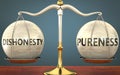 Dishonesty and pureness staying in balance - pictured as a metal scale with weights and labels dishonesty and pureness to Royalty Free Stock Photo