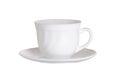 Dishware or crockery background. Close-up of empty white coffee cup on dish isolated on a white background. Macro