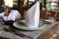 Dishware and cutlery on table in cafeteria, closeup. Breakfast, lunch or dinner time Royalty Free Stock Photo