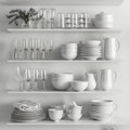 Dishware set in white shelving unit, tableware shelf, kitchen interior, clean white mugs, plates, glass tableware Royalty Free Stock Photo