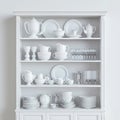 Dishware set in white shelving unit, tableware shelf, kitchen interior, clean white mugs, plates, glass tableware Royalty Free Stock Photo