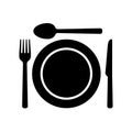 Dishware symbol icons. Fork, spoon knife and a plate icons.