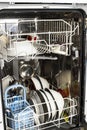 Dishwasher detail. An opened dishwasher with trays extended, lightly loaded. Inside A Dishwasher Royalty Free Stock Photo