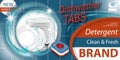 Dishwasher detergent tabs. Package design realistic with plates stack and glass in water splash and tablets. Dish wash