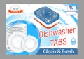 Dishwasher detergent tabs. Realistic illustration with plates in water splash and bubbles. Dish wash advertisement poster layout.