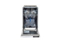 Dishwasher with electronic control, open door, racks and container. front view