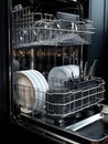 Open dishwasher with clean dishes inside. AI Royalty Free Stock Photo