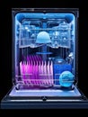 Open dishwasher with clean dishes inside. AI Royalty Free Stock Photo