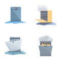 Dishwasher icons set cartoon vector. Broken household dishwasher