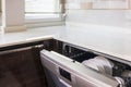 Dishwasher inside beautiful kitchen with white used dishes that prepared to wash. Royalty Free Stock Photo