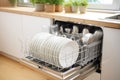 Dishwasher inside beautiful kitchen with white used dishes that prepared to wash. Housekeeping concept. Royalty Free Stock Photo