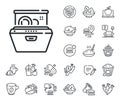 Dishwasher line icon. Wash dishes and plates sign. Crepe, sweet popcorn and salad. Vector