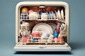 dishwasher machine with dishes inside on grey background, neural network generated image