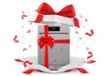 Dishwasher with red ribbon and bow inside open gift box. Gift concept. Kitchen appliances. Isolated 3d vector illustration. 3D Royalty Free Stock Photo
